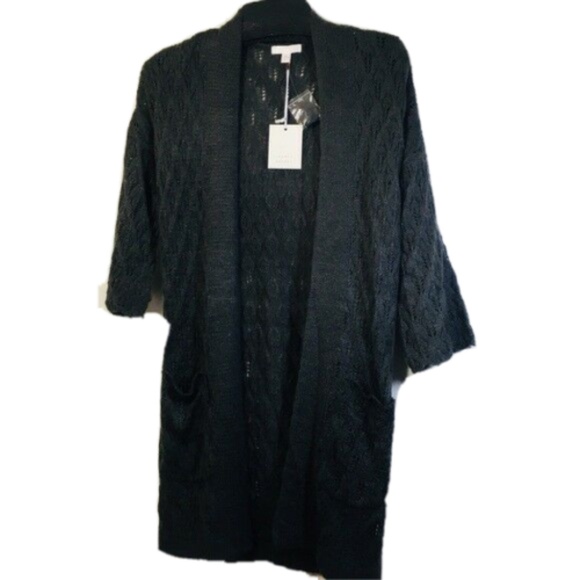 LC LAUREN CONRAD Sweater Cardigan Pointelle Acrylic Open Front Black Medium - Picture 3 of 5